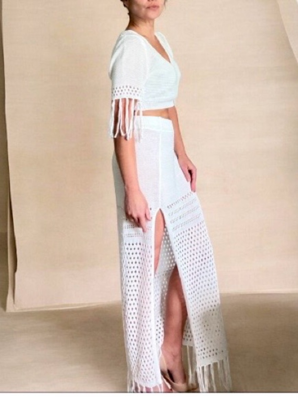 COASTAL OPEN KNIT FRINGE SET COVER UP TOP AND MAXI SKIRT WHITE S/M